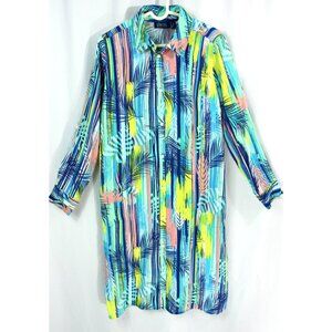 D & Co Beach Tropical Palm Abstract Stripe Kaftan Shirt Dress Cover Up XS